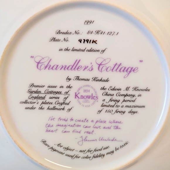 Chandler's Cottage Thomas Kinkade Garden Cottages of England Collector Plate - Picture 2 of 2